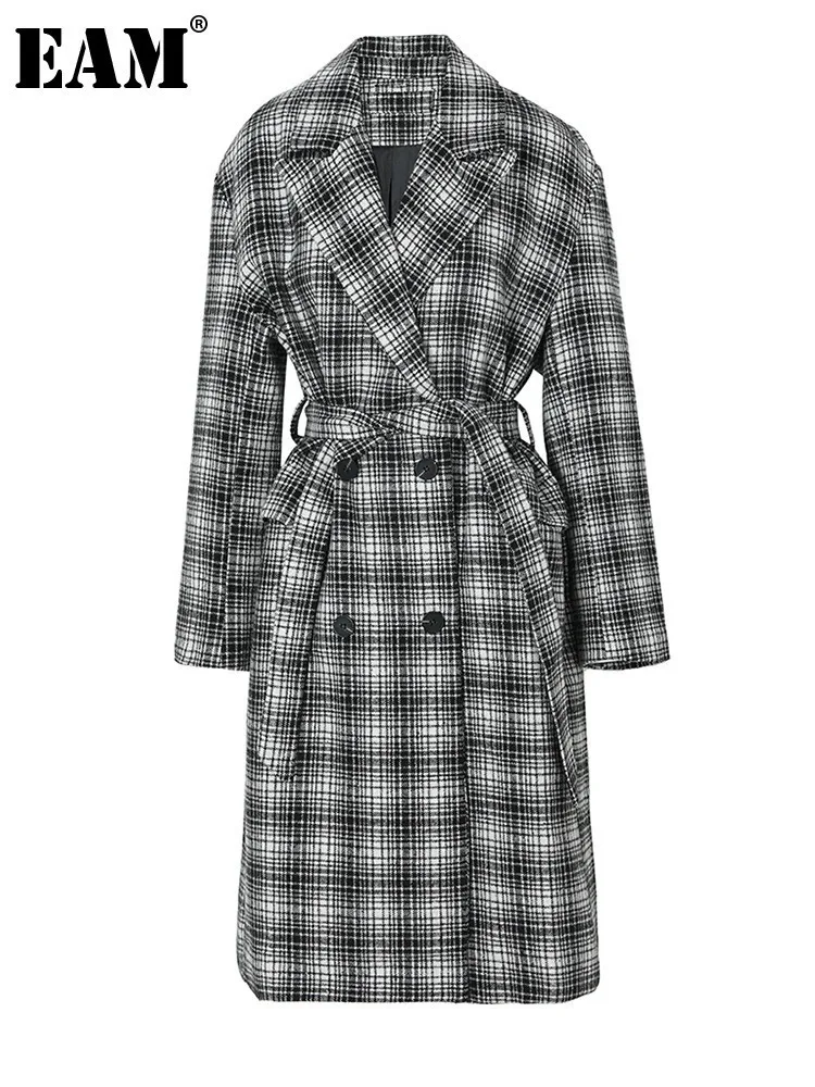 

[EAM] Loose Fit Black Plaid Belted Big Size Long Woolen Coat Parkas New Long Sleeve Women Fashion Autumn Winter 2024 1DF3283