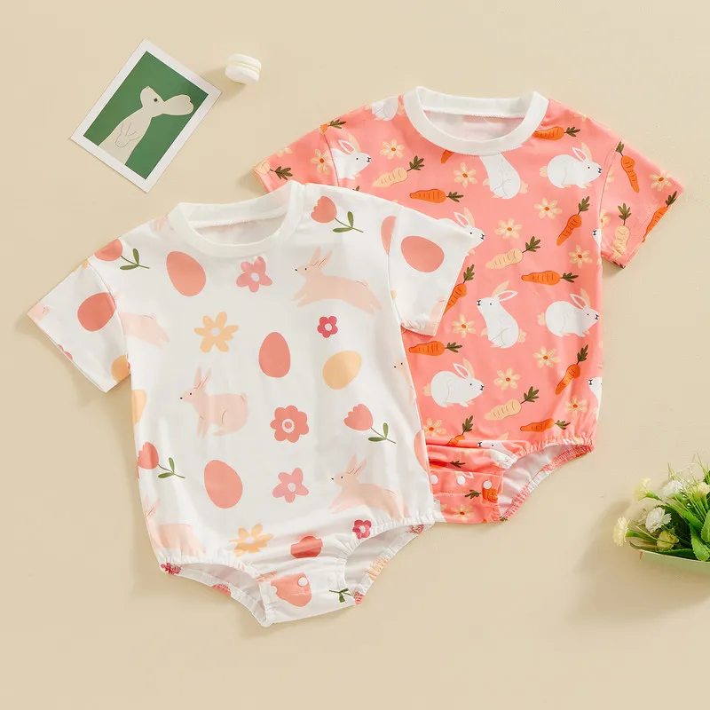 

Baby Girls Easter Jumpsuit Summer Carrot Bunny Print Short Sleeve Romper for Toddler Cute Clothes