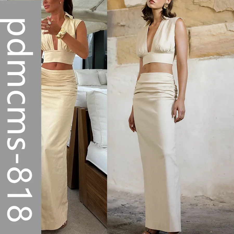 

Новинка 2025, европейская и американская весенне-летняя юбка без рукавов из двух предметов, INS, повседневная юбка для отдыха и вечеринки, женский костюм