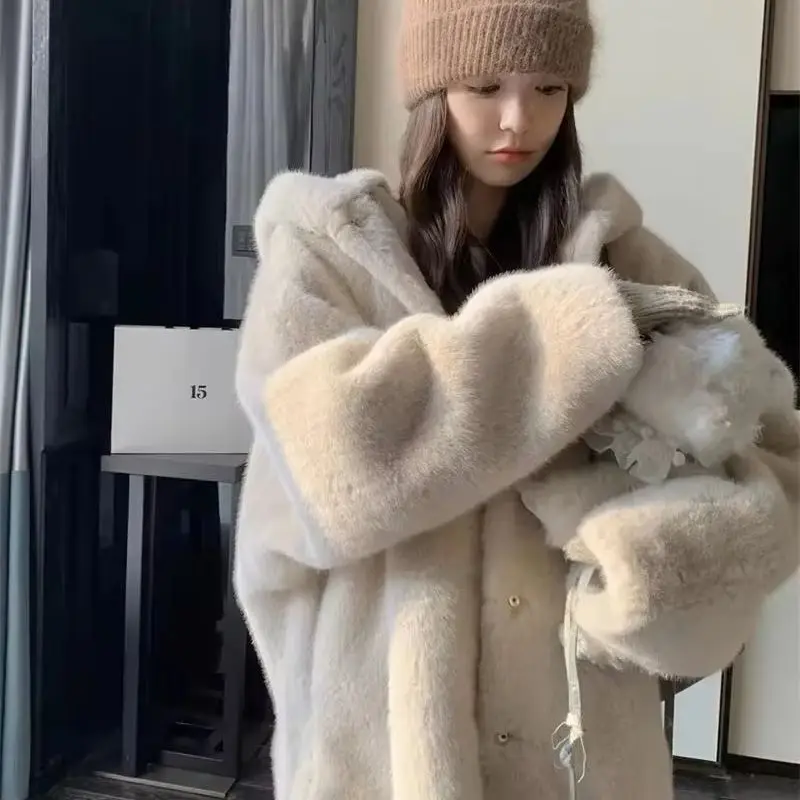 Little White Bear Eco-friendly Fur Women's Winter Hooded Mink Loose Thick Medium To Long Style Age Reducing Lazy Coat Fur Coat