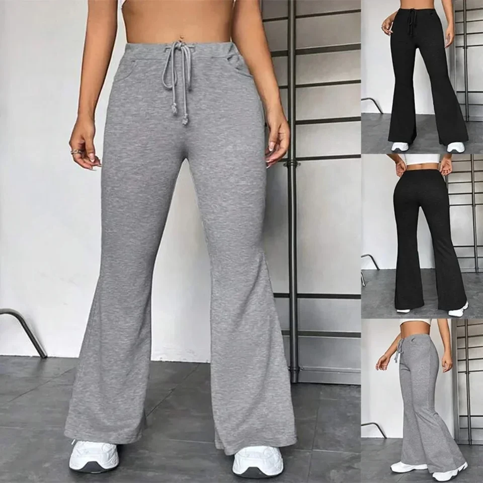 Sports Pants Women Mid-rise Pockets Lace-up Solid Color Outdoor Casual Flared Trousers