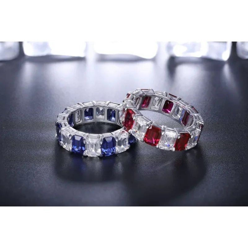 Ruihe 925 Silver Lab Grown Sapphire Ruby with Simulated Diamond Cubic Zirconia Gemstone Couple Wedding Ring for Women Jewelry