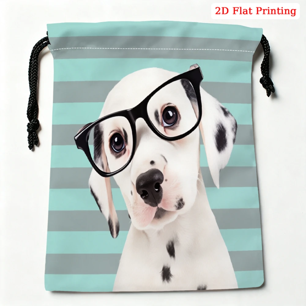 1pc Cartoon Dog Wearing Glasses Drawstring Bag Blue Striped Puppy Print Storage Small Pouch For Sunglasses Cosmetics Travel Orga