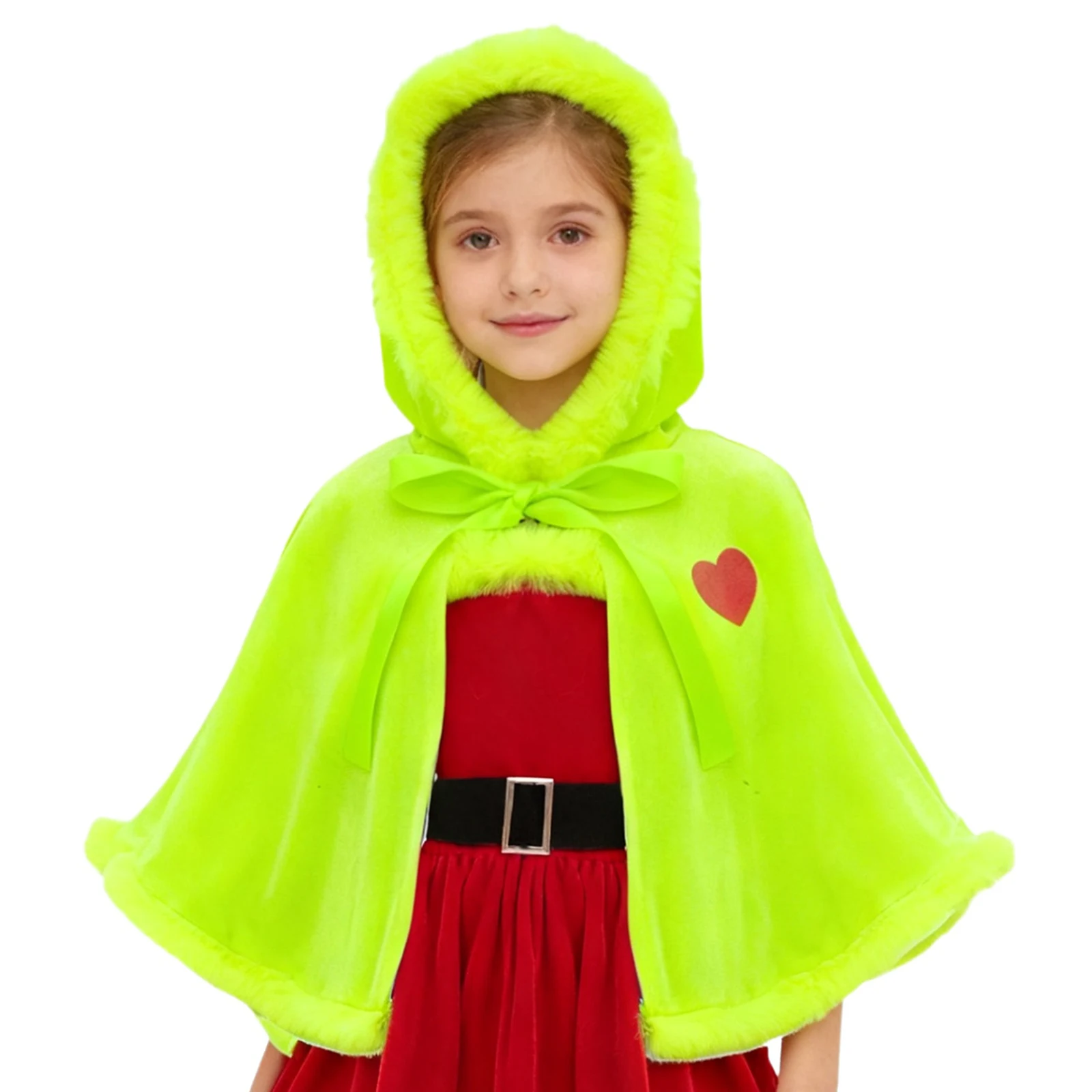 

Kids Girls Christmas Party Costumes Princess Plush Trim Sleeveless New Year Xmas Dress with Waistbelt Hooded Shawl Cape