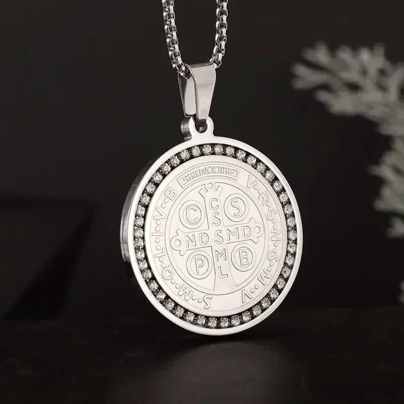 Saint Benedict Medallion Stainless Steel Pendant Zircon San Benito Collares Necklace Amulet Religious Cross Jesus Jewelry - view 3