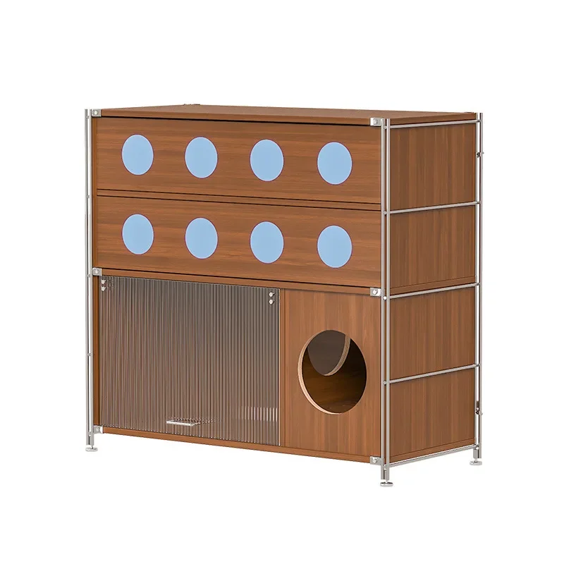 #Tri-Functional Cat House with Litter Box & Storage,Human-Pet Shared Furniture,Cat Tree Hut,Indoor Cat Den,Multi-Level Cat Villa