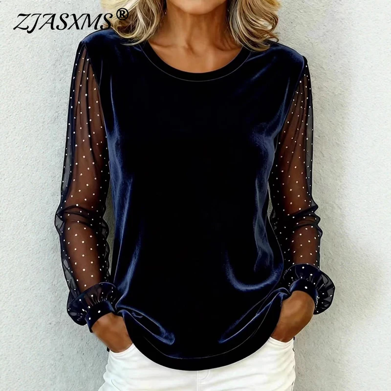 2026 Spring Elegant O Neck Velvet Woman Blouse Sexy Patchwork Dot Mesh Hollow Top Pullover New Long Sleeve Shirt Autumn Clothing