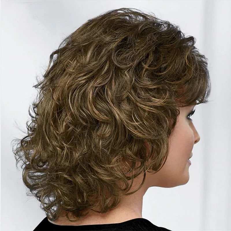 HAIRJOY Damen-Perücke aus Kunsthaar, kurz, lockig, mit Pony, schulterlang, blond, grau, weiß, braun – Detail 9