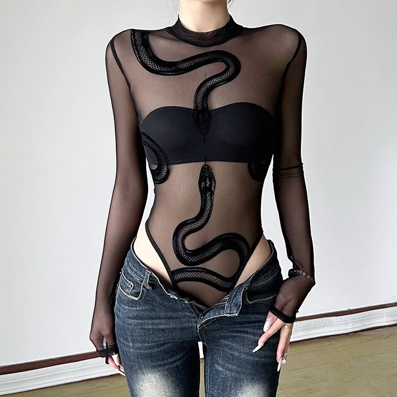 

Gothic k Snake Print Sexy Bla Me See-tough Long Sve Base Layer Boting One-piece Women's Clothing Commute Sle...