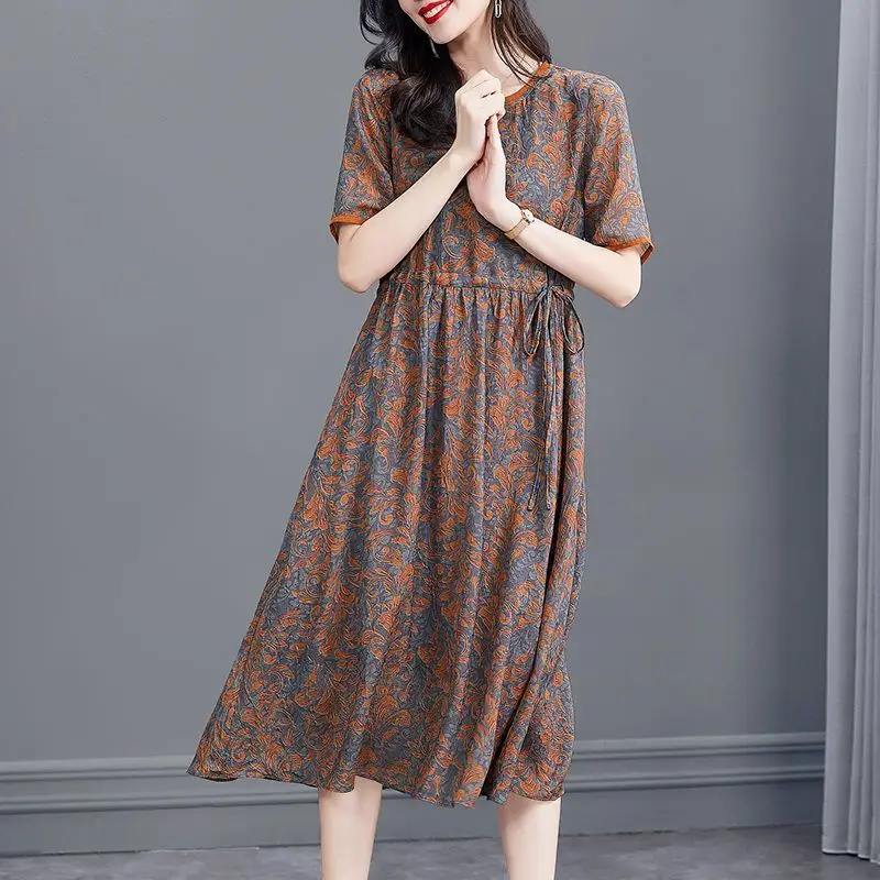 2023 New Summer Fashion Trend Art Retro Commuting Simple Round Neck Print Lace Up Waist Slim Holiday Relaxed Loose Fit Dress