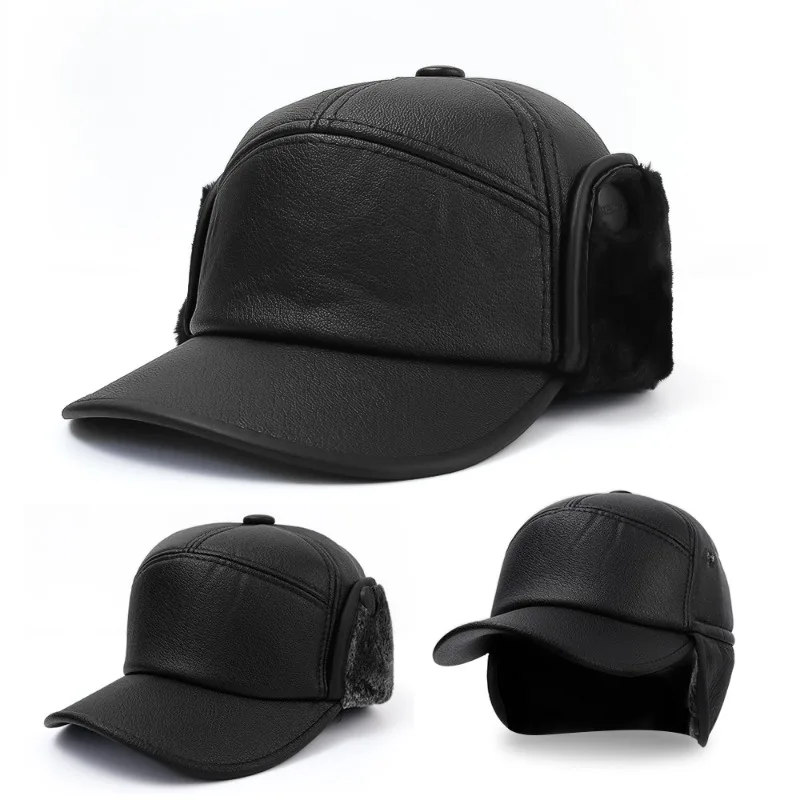 New Winter Bomber Hat for Men Women Russian Black Leather Caps with Earmuffs for Dad Fur Warm Pu Leather Brand Baseball Cap