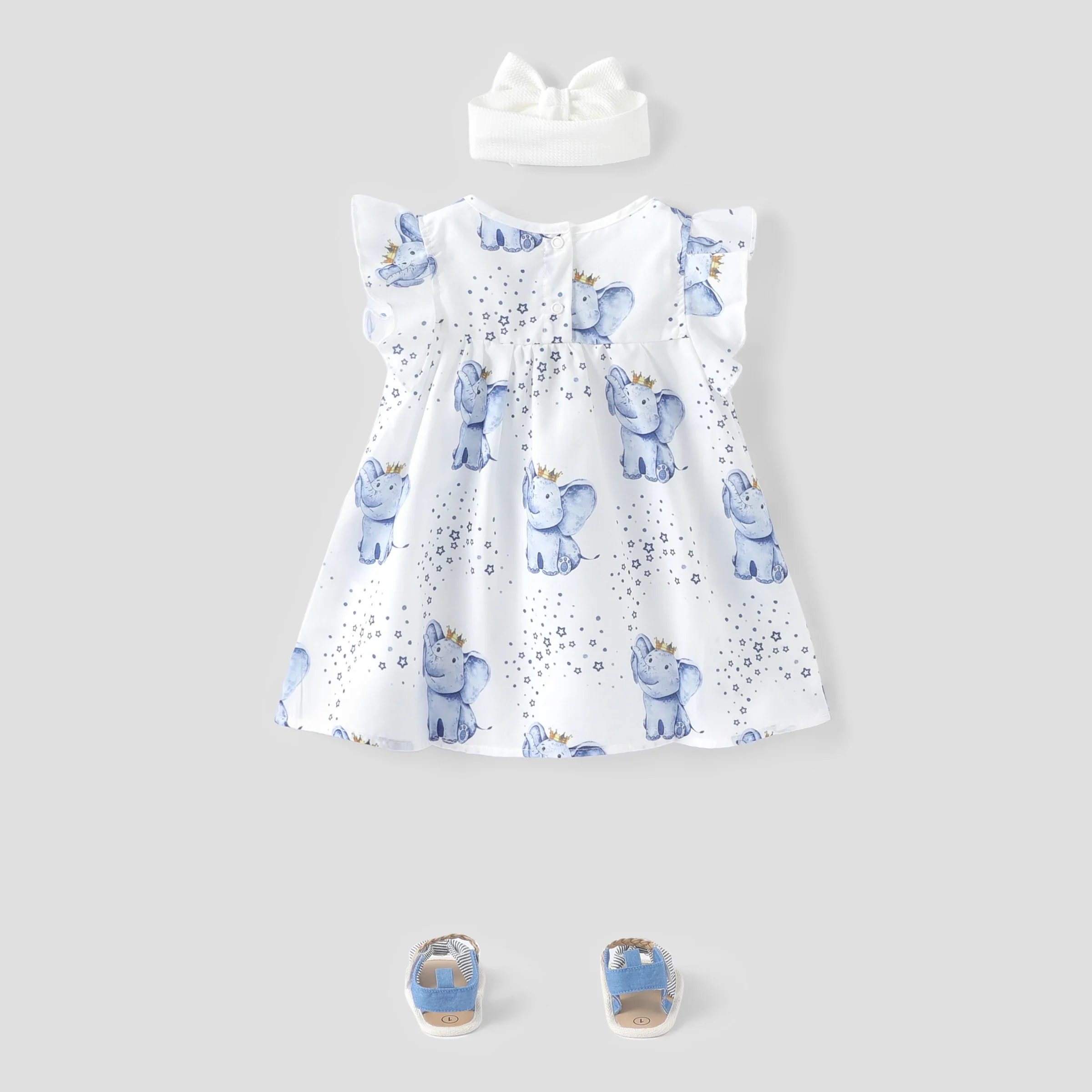 PatPat Baby Girl Allover Elephant & Star Print Flutter-sleeve Dress Suitable for Summer Season Soft and Comfortable