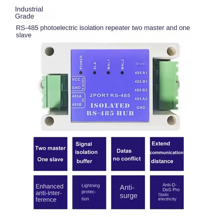 Industrial Grade Two Master One Slave Hub RS485 Repeater Buffer Photoelectric Isolation Modbus