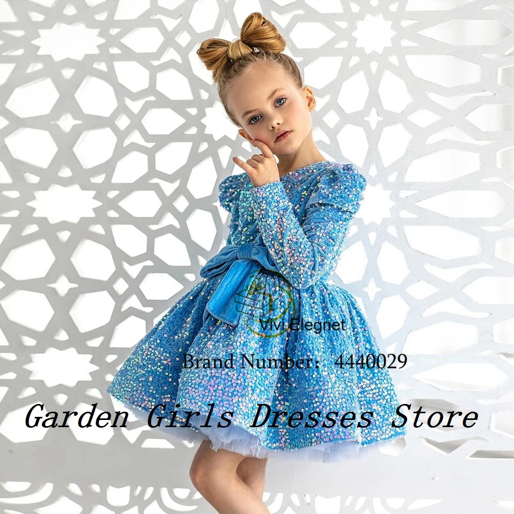 

Scoop Blue Flower Girls Dresses with Sequined Full Sleeve A Line Christmas Dresses for Princess 2025 New فستان عيد الميلاد