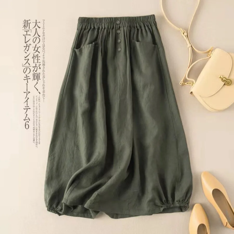 

【HOT】Large size women's clothing summer new style imitation linen retro skirt women's summer mid-long high waist a-word to show