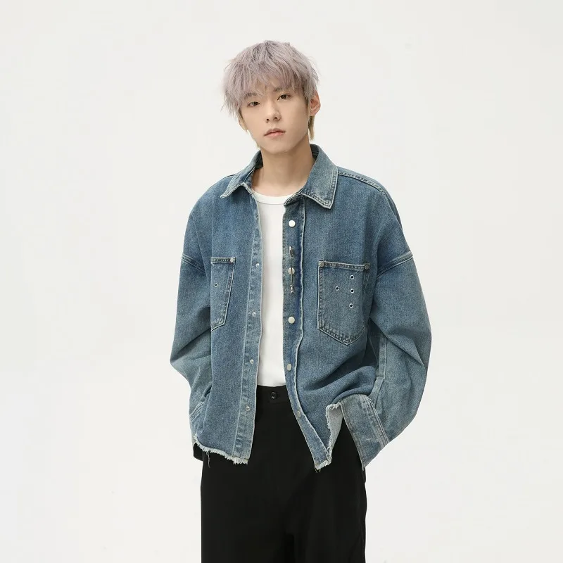 

MTLCLOTHES Men's Wear New American Retro Punk Metal Trim Hemline Fringed Trendy Denim Jacket Fashionable Simple and Versatile