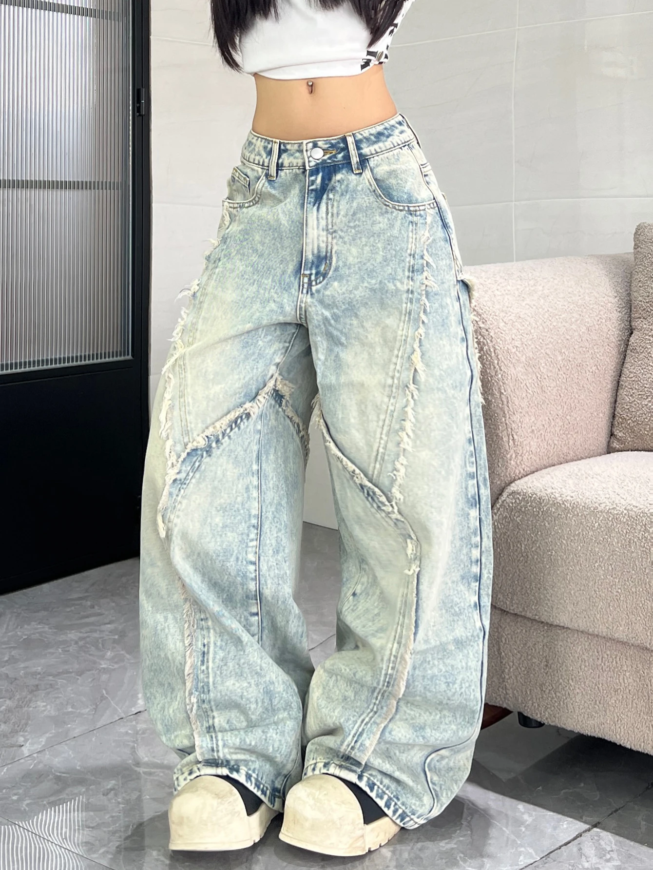 American Retro Design Frayed Edge Deconstructed Patchwork Loose Jeans Y2K Street Fashion Versatile Wide-Leg Pants For Women