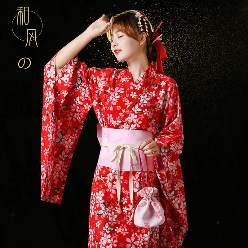 

Japanese Style Printed Kimono Women Cotton Bronzing Home Bathrobe Classic Geisha Cosplay Costumes Asian Lady Dancing Robe Gowns