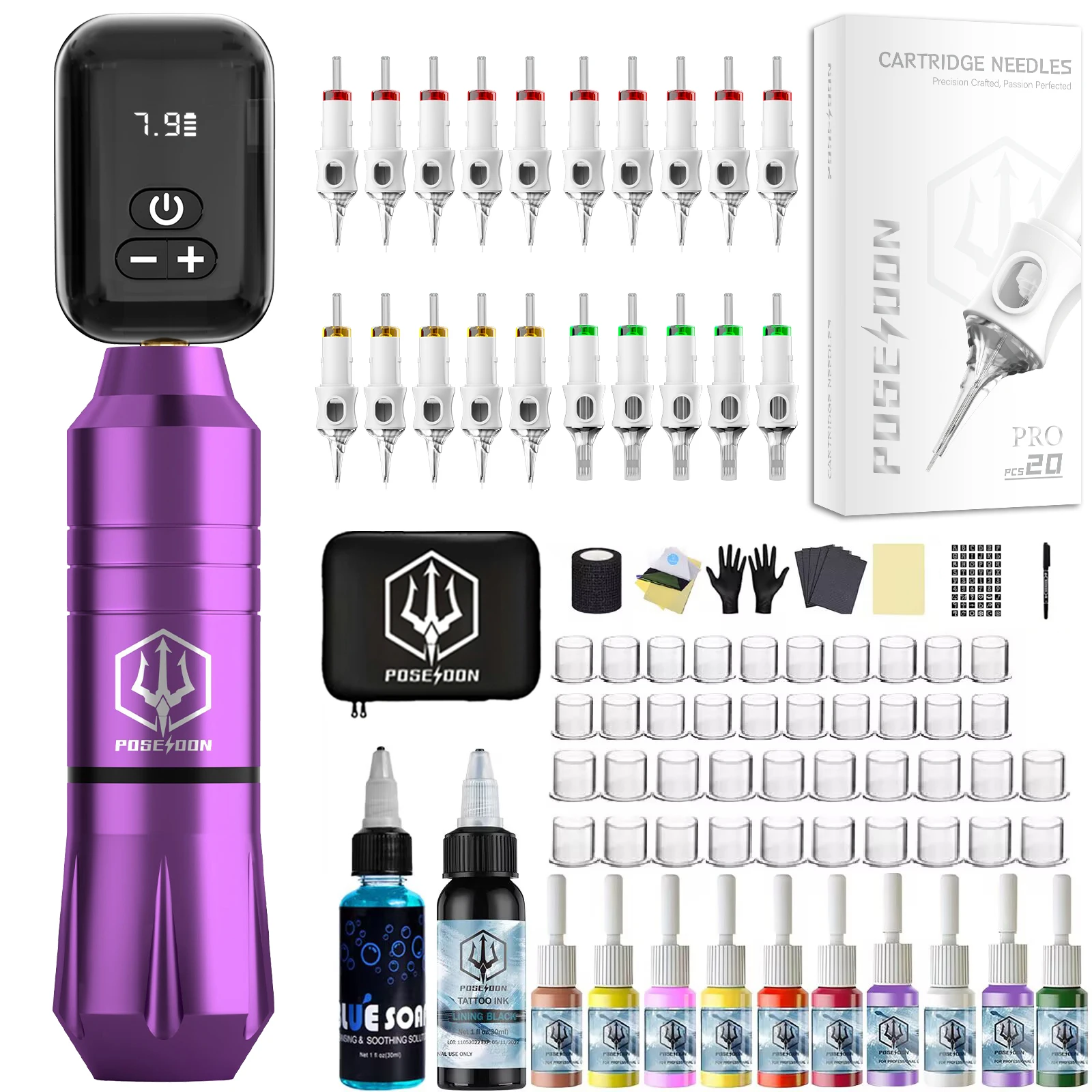 

POSEIDON Tattoo Kit 20 V6 Tattoo Needles Tattoo Pen Kit For Permanent Makeup Tattoo Machine Kit Purple Wireless Tattoo Gun Kit