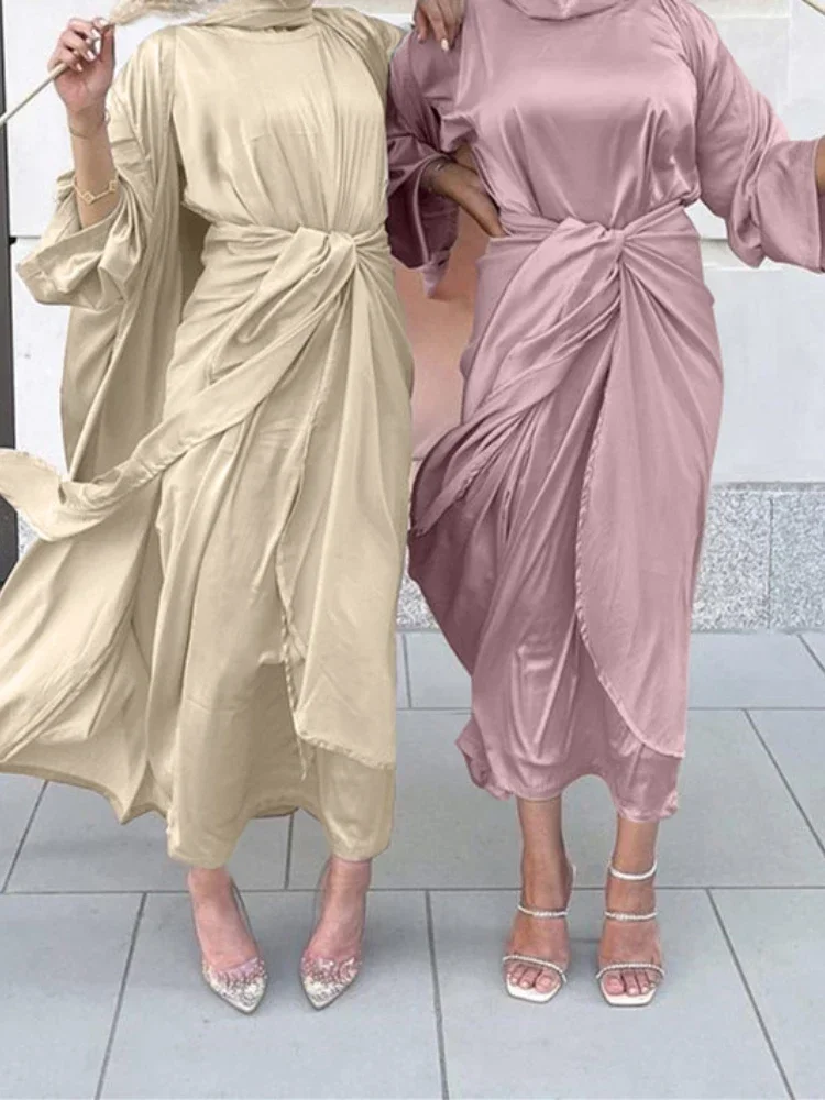 Eid Muslim 3 Piece Abaya Dress Set Women Morocco Party Dresses Belted Kaftan V-neck Maxi Prayer Abayas Maxi Long Vestidos 2026