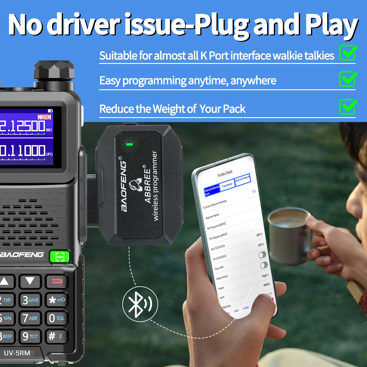 Walkie Talkie Programmer nirkabel Bluetooth, Plug & Play tanpa masalah Driver pemrograman aplikasi ponsel untuk UV-5R BF-888S Quansheng UV-K5