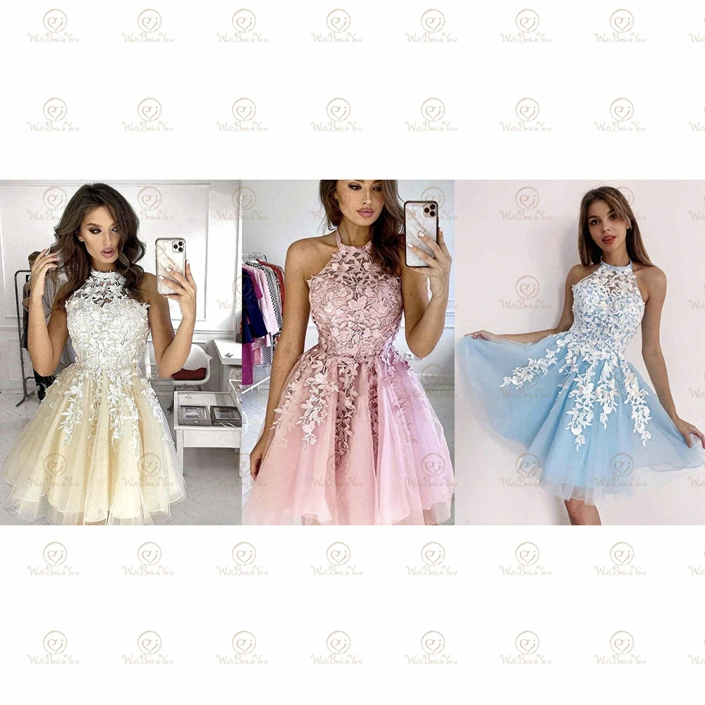 Halter Short Prom Dresses Lace Applique Backless Formal Party Pink Blue Ball Gown Champagne Evening Gown Custom made