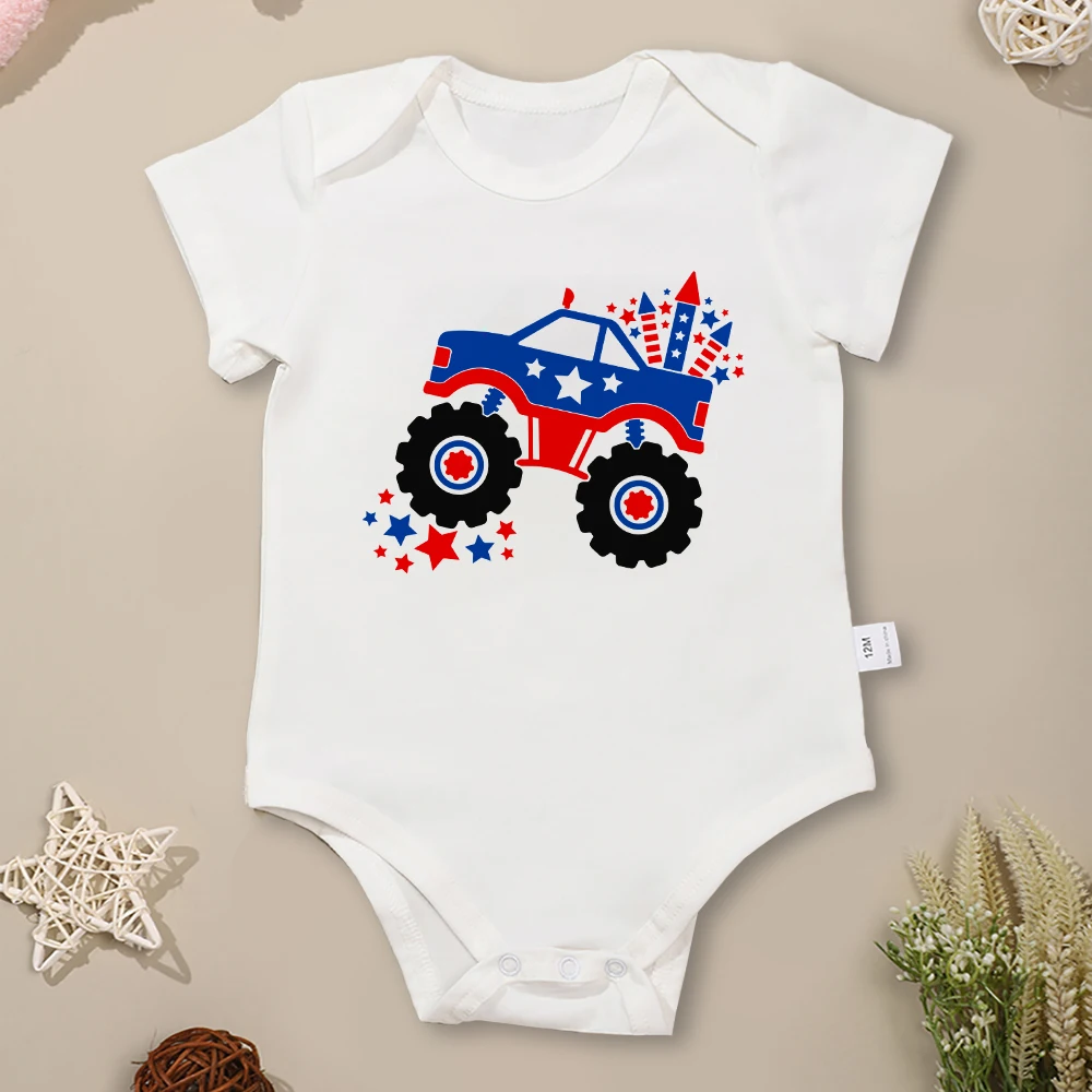 American Style Baby Boy Clothes Bodysuit July Fourth Monster Trucks Print Infant Onesie Cotton Breathable Summer Toddler Outfits