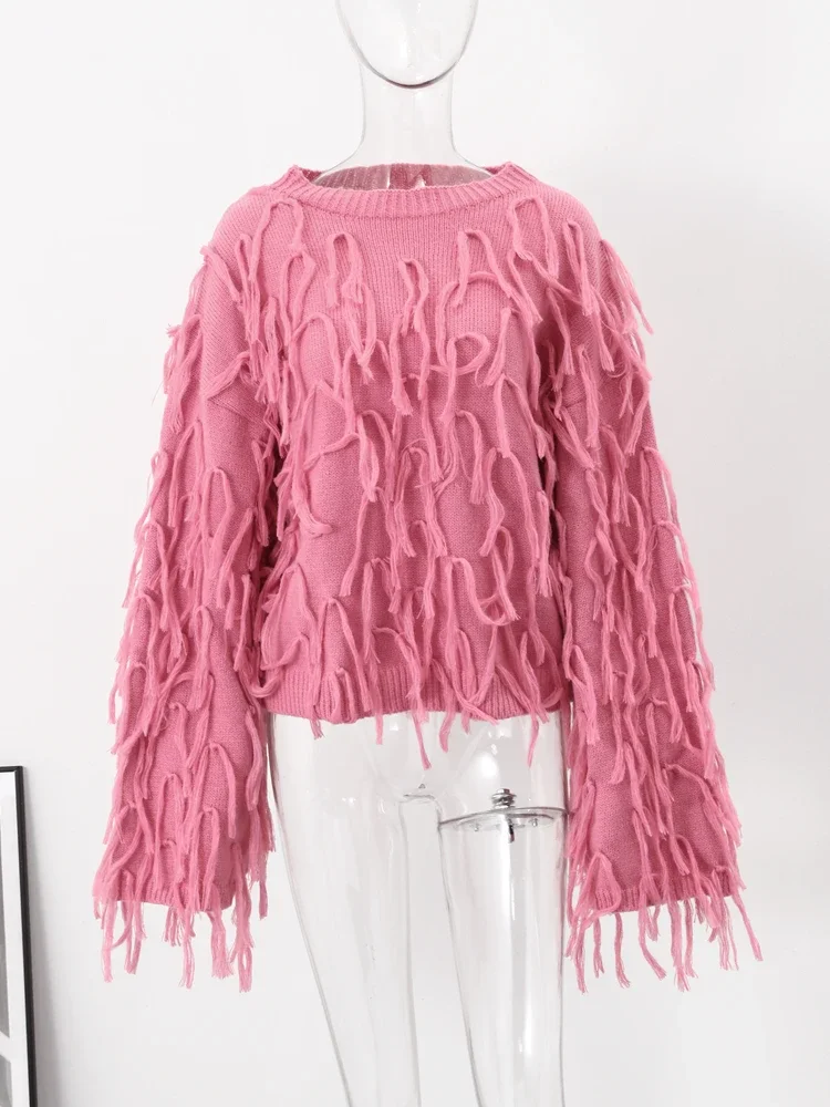 New Fashion Women Pink Long Sleeve O-neck Tassel Loose Sweater Pullover Female Autumn Winter Elegant Solid Ladies Jumper