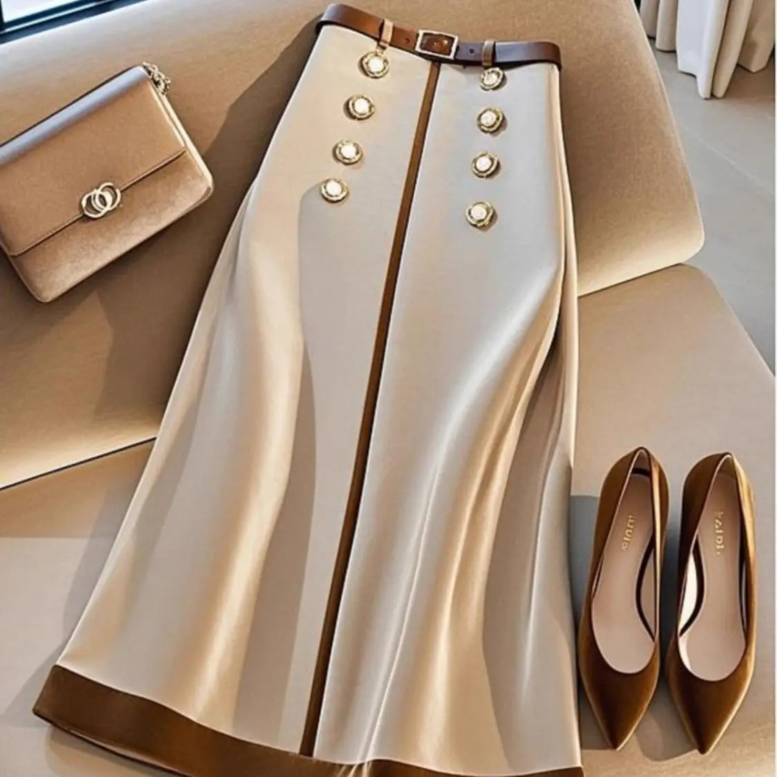 

Women's Khaki Color A-Line Skirt High Waist Long Skirt 2025 Fall Patchwork Design Luxury Elegant Casual Bottom