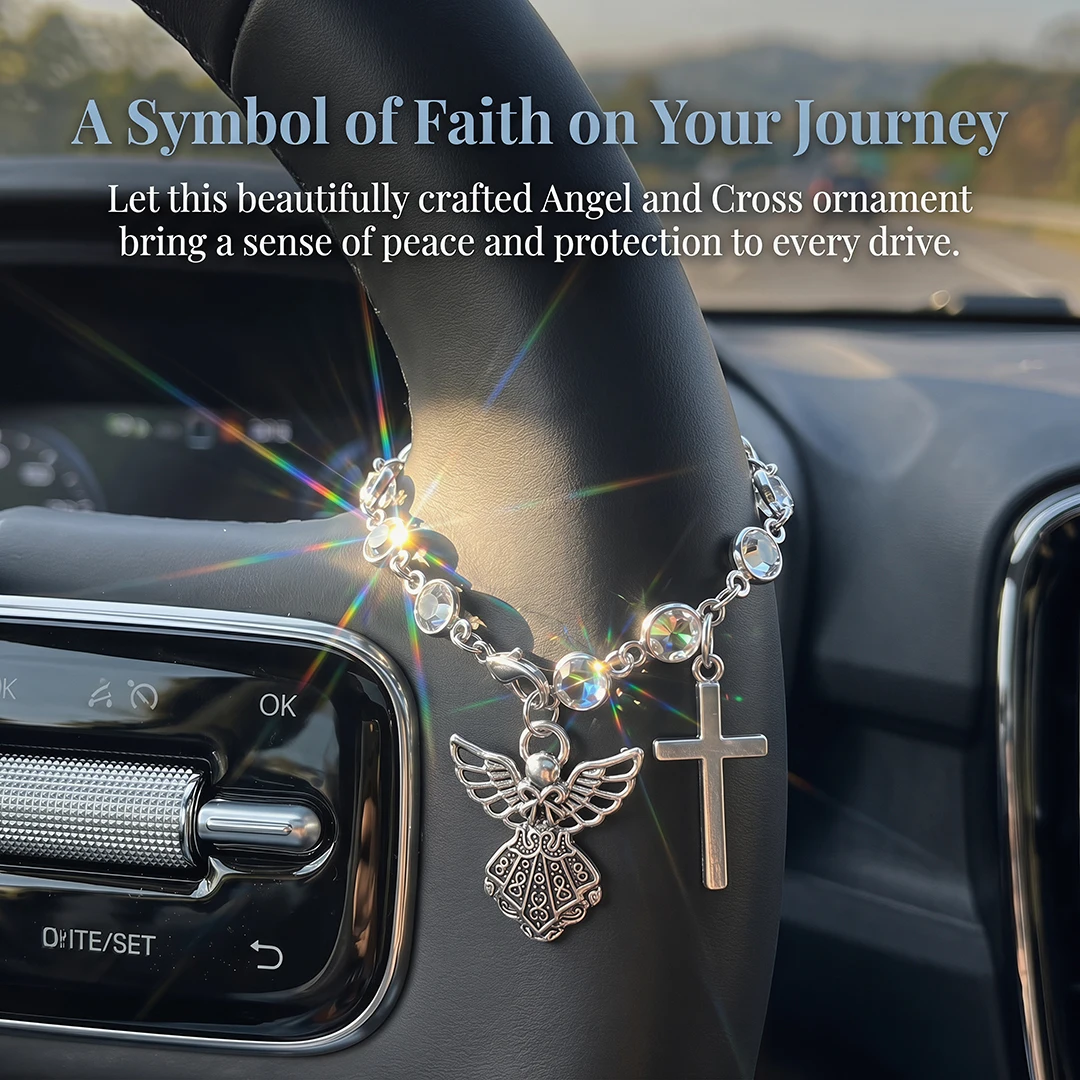 Sparkling Crystal Angel Cross Car Hanging Ornament Religious Charm for Safe Driving Car Interior Decor Accessories For Women