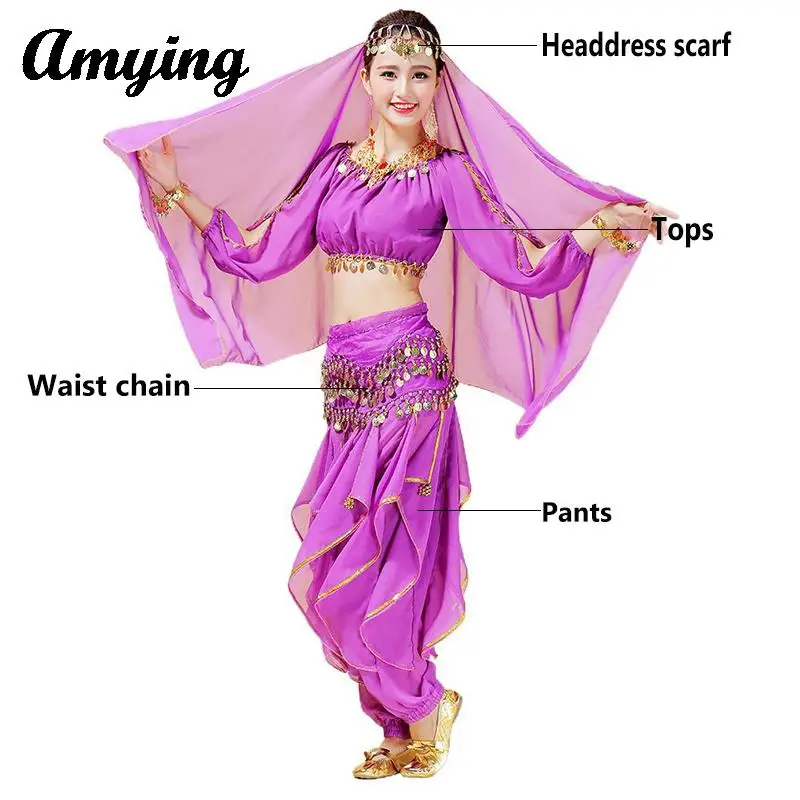 

4PCS Belly Dance Costumes Set For Women Coins Long Sleeve Top+Harem Pants+Hip Scarf+Headdress Performance Training Outfit 2024