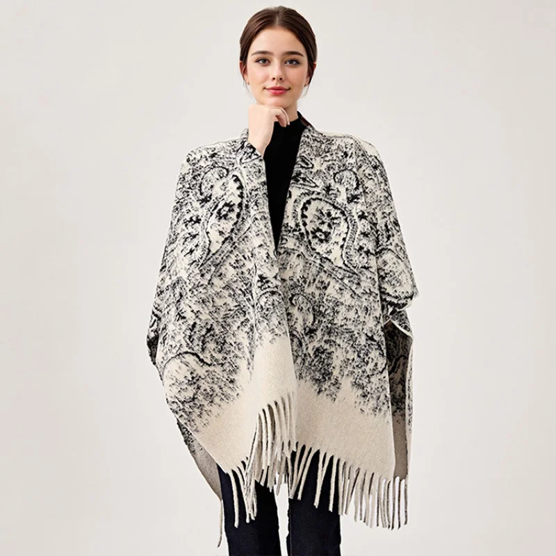 

Small Cashew Knitted Shawl Tassel Large Check Jacquard Cape Scarf Women Hot-Selling