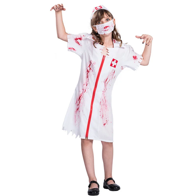 2022 Girl Horror Blood Print Nurse Cosplay Costumes Girls Zombie Halloween Dresses Mask Carnival Easter Purim Fancy Dress