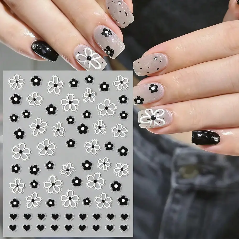 

Black White Flower & Heart Nail Stickers, 3D Self-Adhesive Nail Decals, Minimalist DIY Manicure Decorations for Women Girls