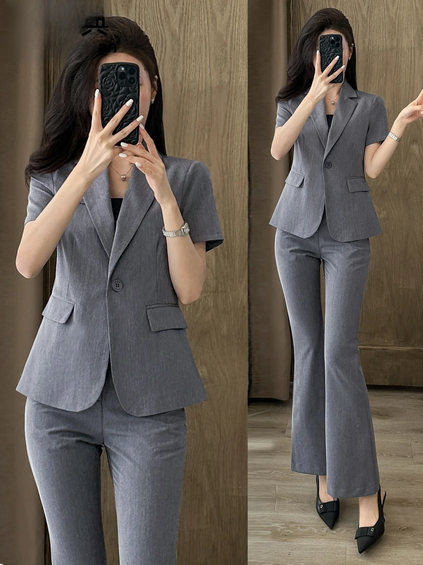 

ay Suit Set Women's Summer Thin Formal Ocn Profional ort Sve Suit Jaet Flared Pants Workwear Polyester Fiber