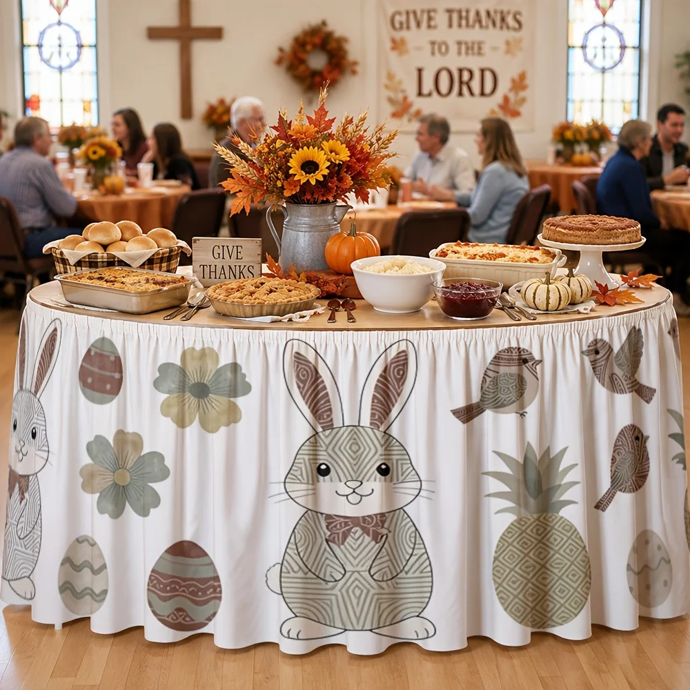 Tablecloth Set - 1 piece. Spring floral, rabbit, bird, pineapple Easter decoration. Suitable for restaurants, kitchens, cafes.