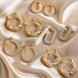 Luxury CZ Zircon Geometric Twist Round Circle Hoop Earrings for Women Gold Plated Stainless Steel Earrings Vintage Punk Jewelry
