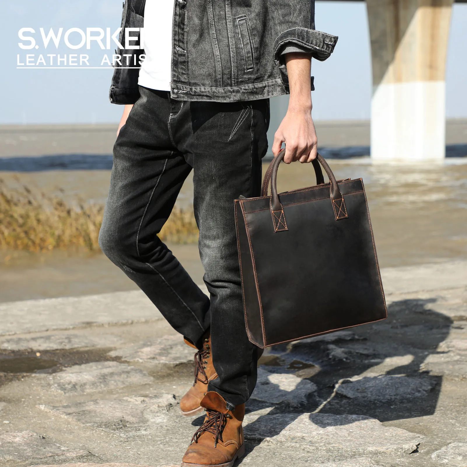S.WORKER Echtleder-Aktentasche für Herren | Vintage-Bürohandtasche aus Vollnarbenleder für Laptops – Detail 2