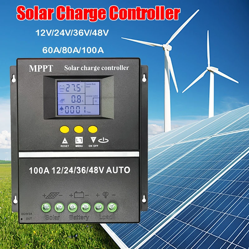 

100A/80A/60A MPPT/PWM Solar Charge Controller 12V/24V/36V/48V Auto Controller Tools Solar PV Battery Charger with LCD & Dual USB