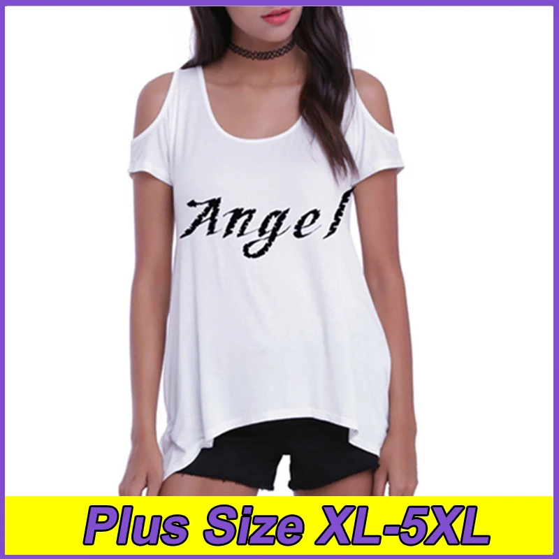 

Women's Plus Size T-shirts for Summer Loose Wing Printed Tees XL-5XL Letter Printed Off Shoulder Clothing Round Neck Elegant Top