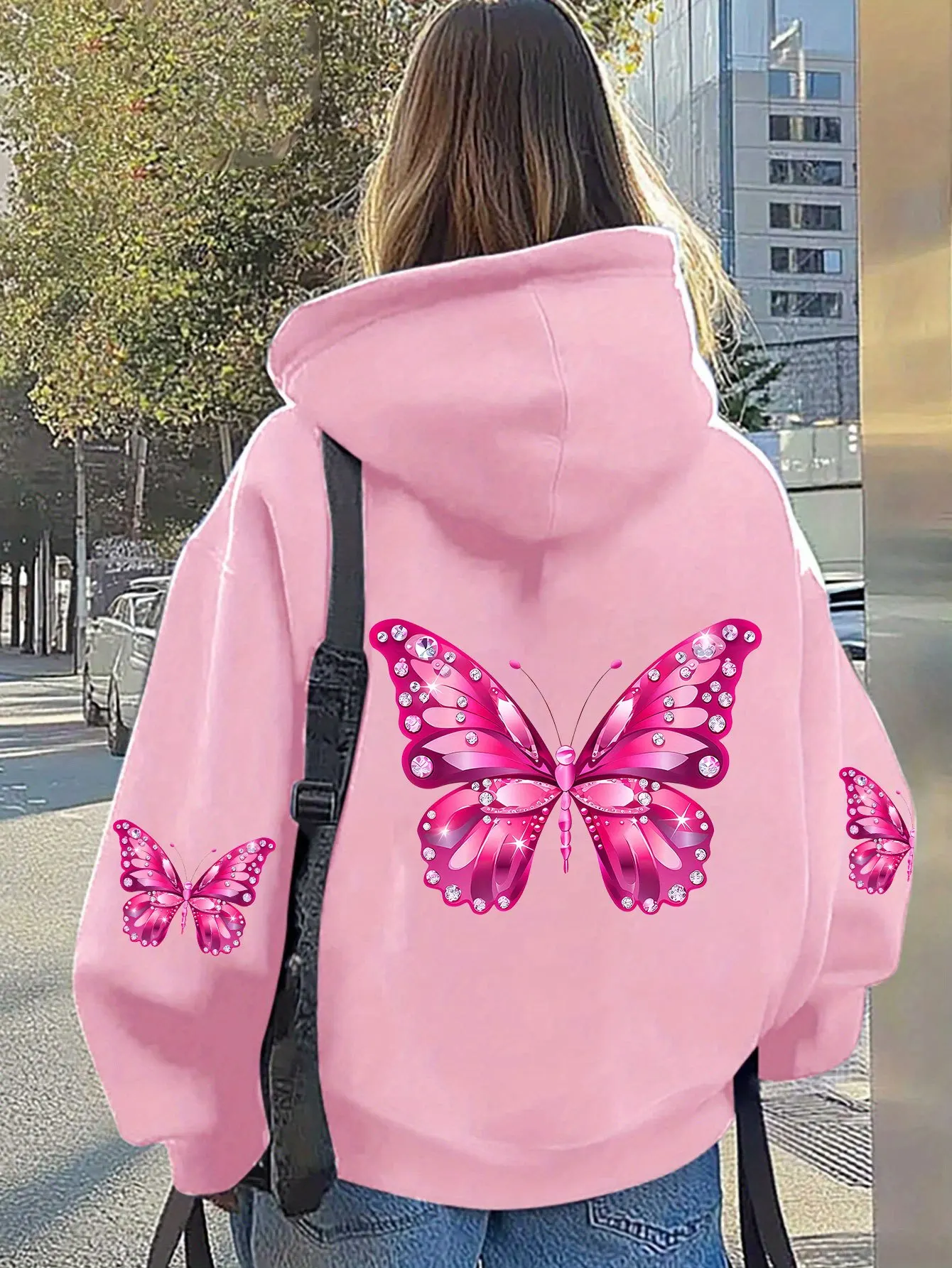 Women Butterfly Print Hoodie Unisex Autumn Winter Fleece Oversized Hooded Everyday Outdoors Hoodie for Any Occasion view 3