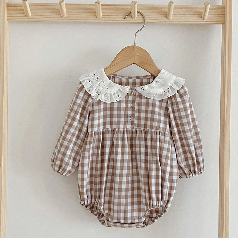 

Korean Style Infant Baby Girl Bodysuits Long Sleeved Cotton Lattice Splicing Newborn Baby Jumpsuit Autumn Spring Baby Clothes