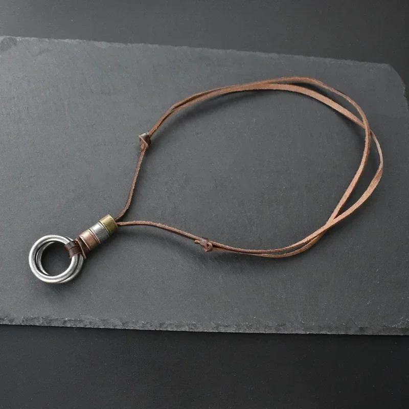 Boho Vintage Men Necklace Adjustable Genuine Leather Cord Necklace Double Circle Pendant Long Necklace Gift Handmade Jewelry