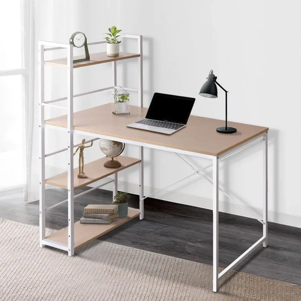 Computer desk 120cm steel frame office laptop desk bookshelf study student desk, 4-storey bookshelf metal X-shaped bracket