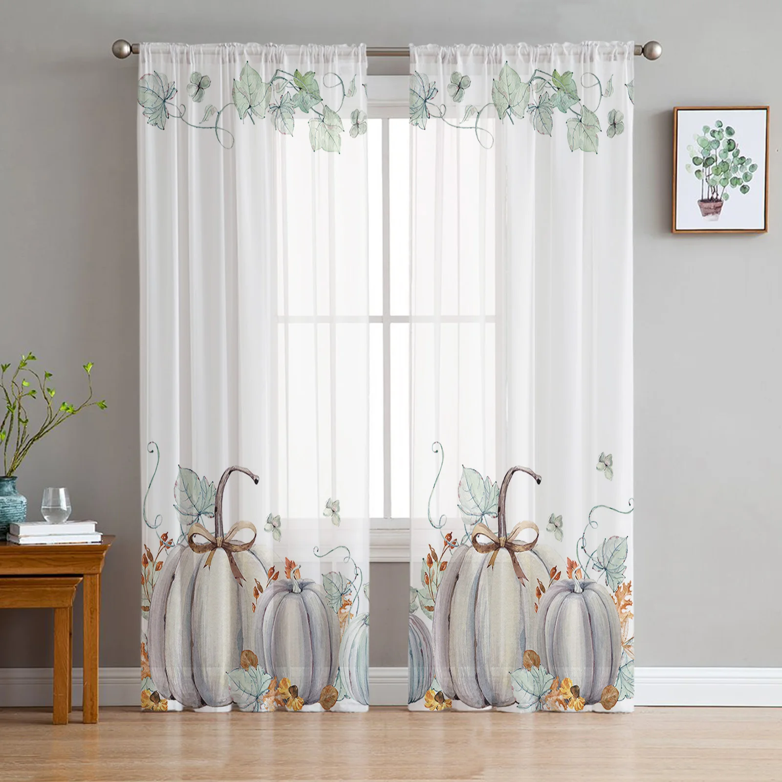 Autumn Pumpkin Maple Bird Tulle Window Curtain Sheer Valances Curtains for Living Room Home Decoration Drape Panel