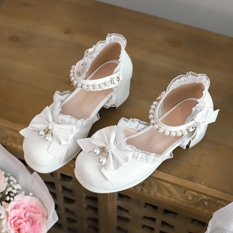 LO Lolita PU Shoes Large Bow Student Pearl Princess Sandals Cos Loli Tea Party Sweet Girl Shoes Available in Multiple Colors