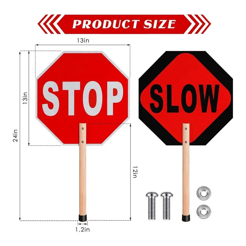 ABJO-Aluminum Rust Free 2Pcs Stop Slow Sign Traffic Double Sided Reflective 13X13 Octagon Crossing Guard Warning Signal