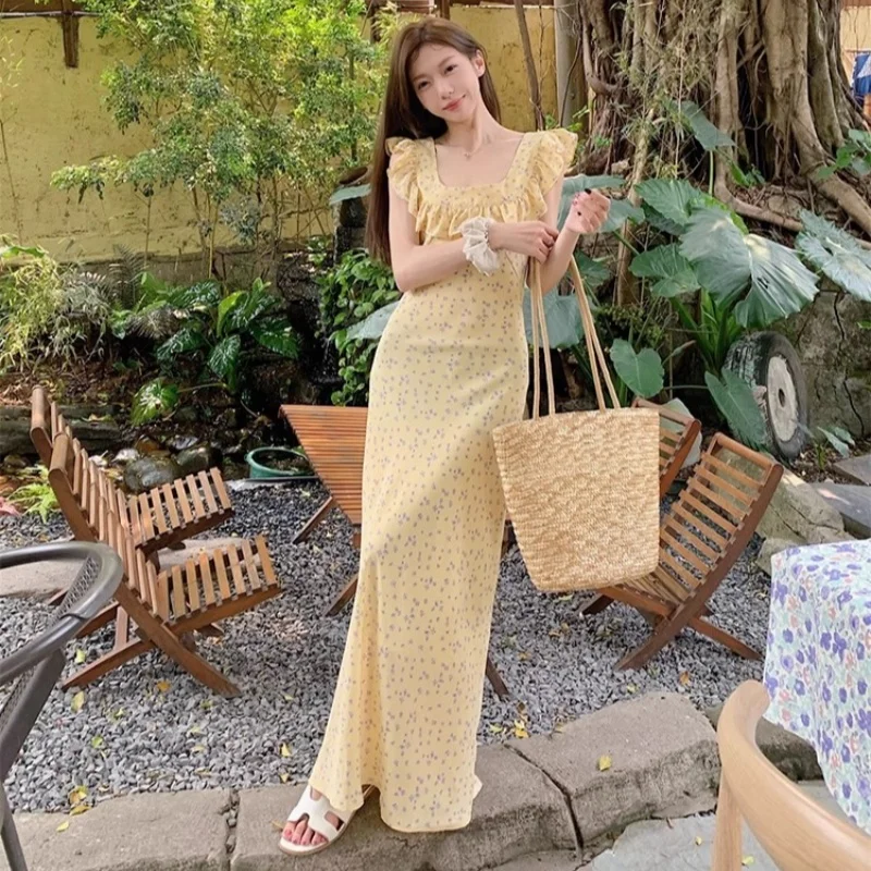 Vestido francés de alta calidad con borde con volantes y flores para mujer, falda larga ajustada con tirantes y cuello cuadrado, Vintage Y2k, verano 2025, 2023