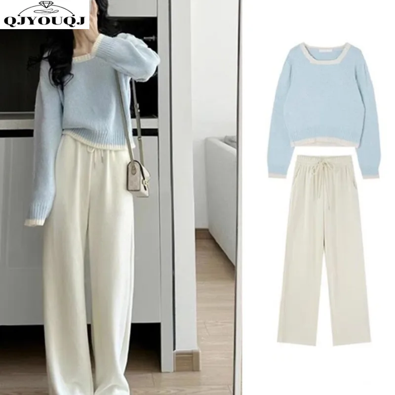 Autumn and Winter Korean Women\'s Set Small Fragrant Blue Knitted Sweater+Wide Leg Pants Two Piece Set