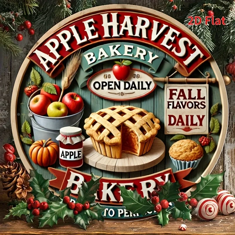[2D Flat] Vintage Apple Harvest Bakery Metal Wall Art - 8x8 Inch Rustic Kitchen Decor with Fresh Apples, Pies & Fall Flavors Sig